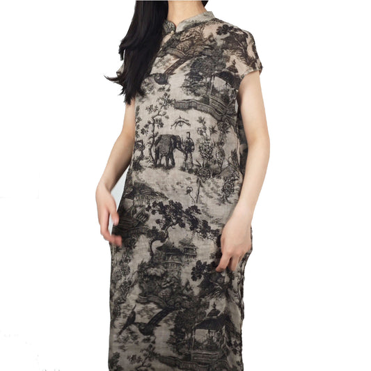 Chinese painting motif Ramie Qipao dress loose fit qipao dress modern fit qipao dress Ramie qipao