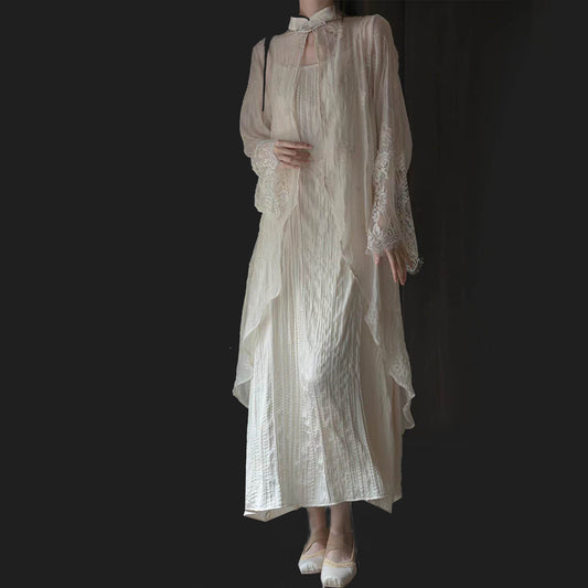 Sheer lace top with slip dress set lace fabric with stand collar and frog toggles closure at collar