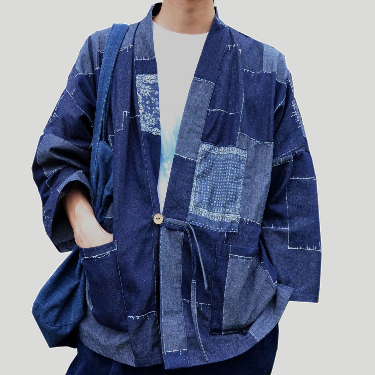 Indigo Blue Patchwork Print Cotton Fabric Kimono Raw Edge Prints Oversized Kimono Japanese Kimono Summer Kimono Unisex Neza Studio