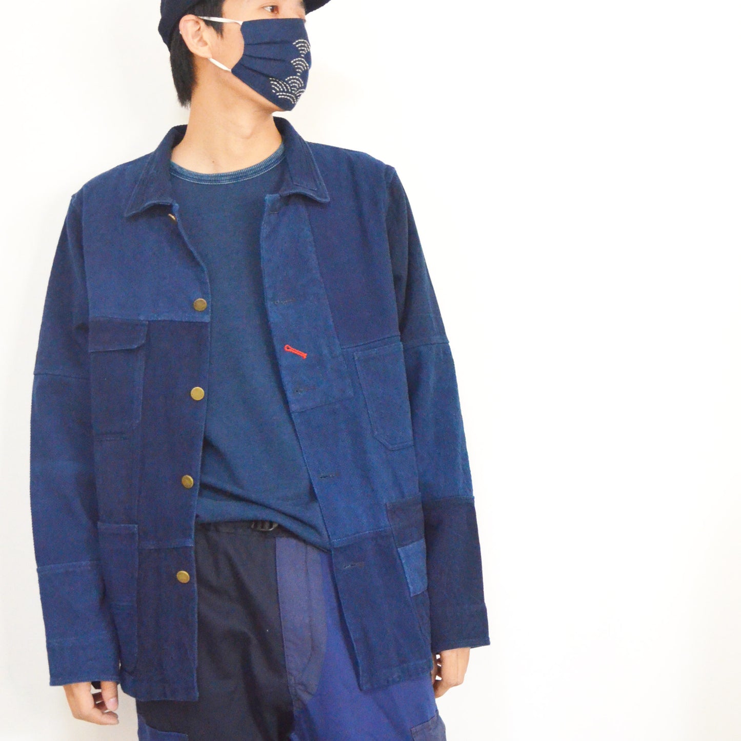 Indigo Blue Patchwork Retro French Jacket Plant Dye Kendo fabric Japanese Sashiko Fabric Blue dye Work jacket Neza Studio Custom Made coat