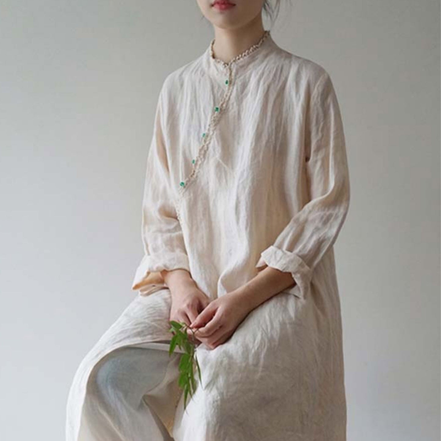 Cheongsam Long Shirt Linen Hanfu Qipao Shirtdress Chinese Hanfu Modified Hanfu Ramie Dress Shirt Neza Studio Slopping Laple Linen Dress wrap Top