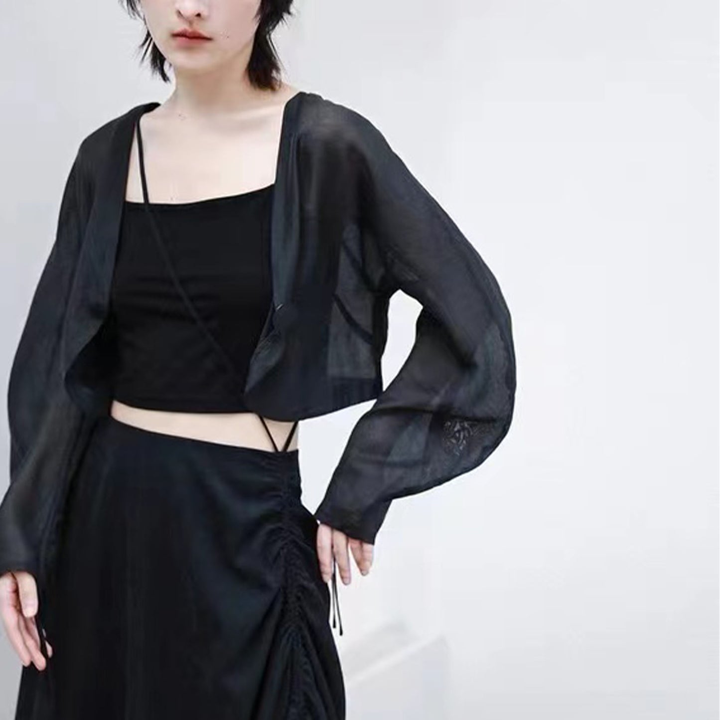 Black Linen Crop Top Sheer Top Long Sleeves Crop Top Wide Sleeves Oriental Style Black Blouse Neza Studio Black Croptop