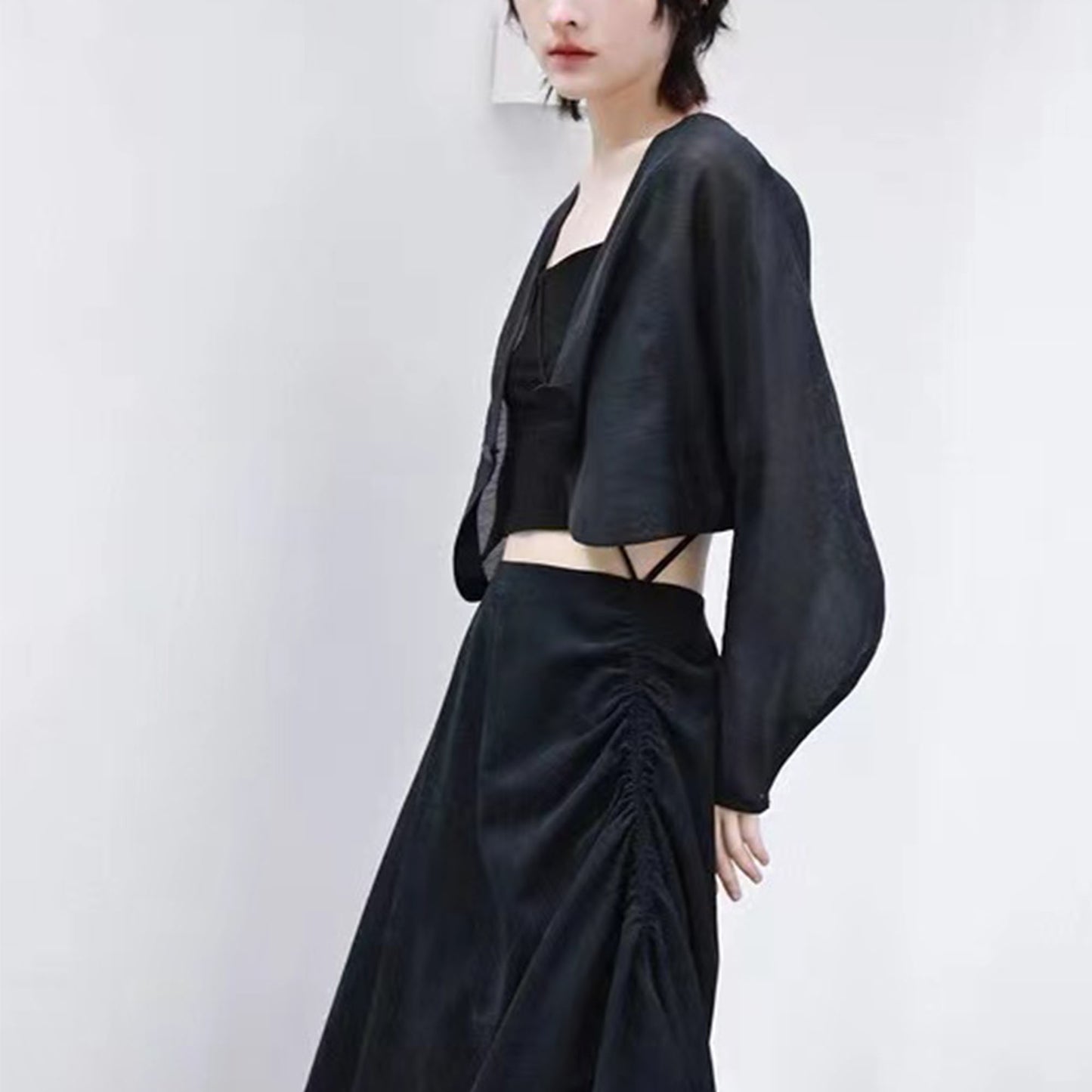 Black Linen Crop Top Sheer Top Long Sleeves Crop Top Wide Sleeves Oriental Style Black Blouse Neza Studio Black Croptop