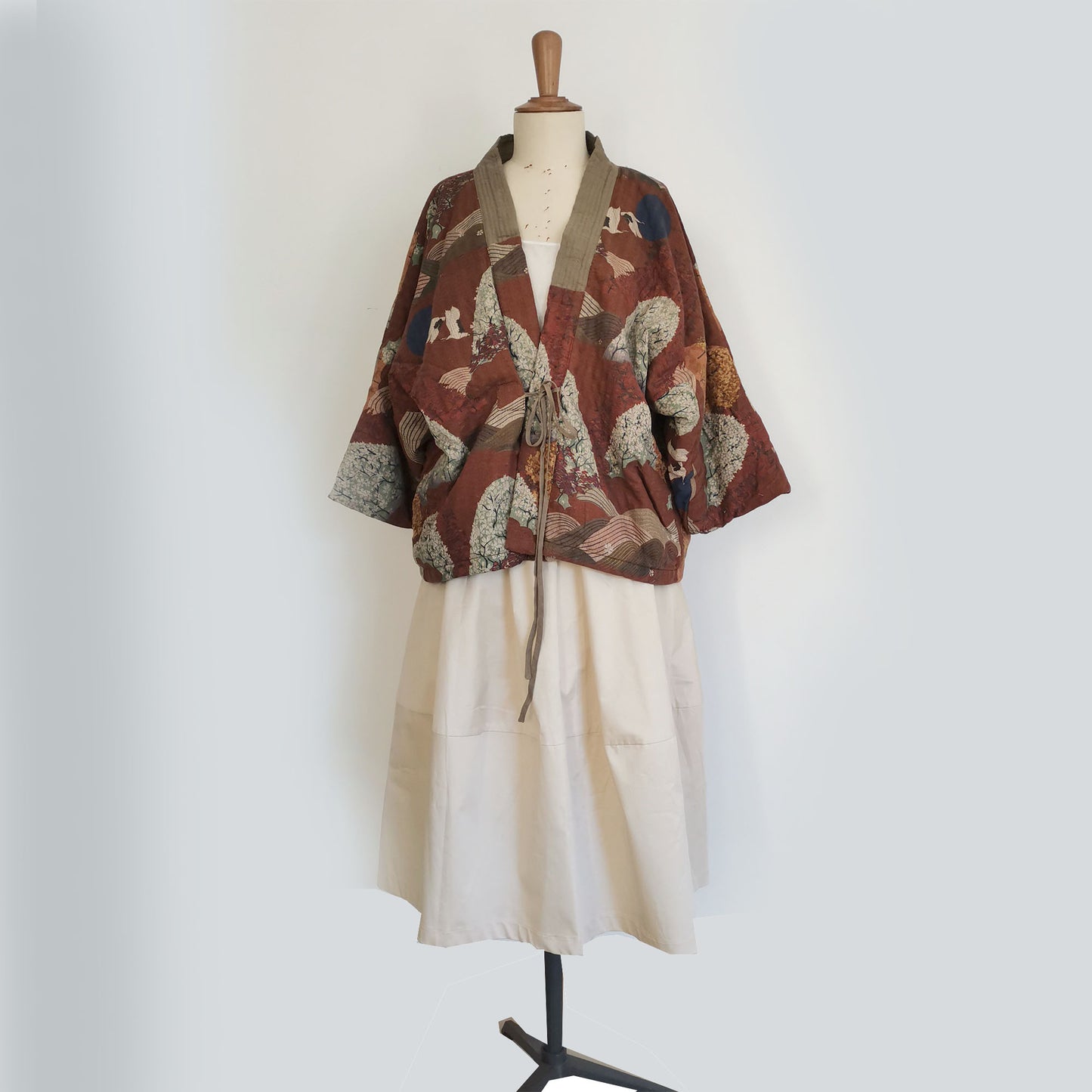 Crane motif cotton padded kimono coat soft warm cotton padded coat