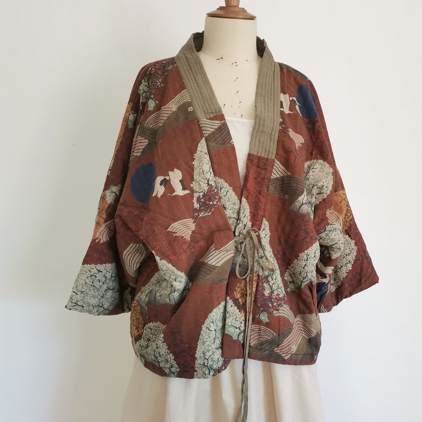 Crane motif cotton padded kimono coat soft warm cotton padded coat