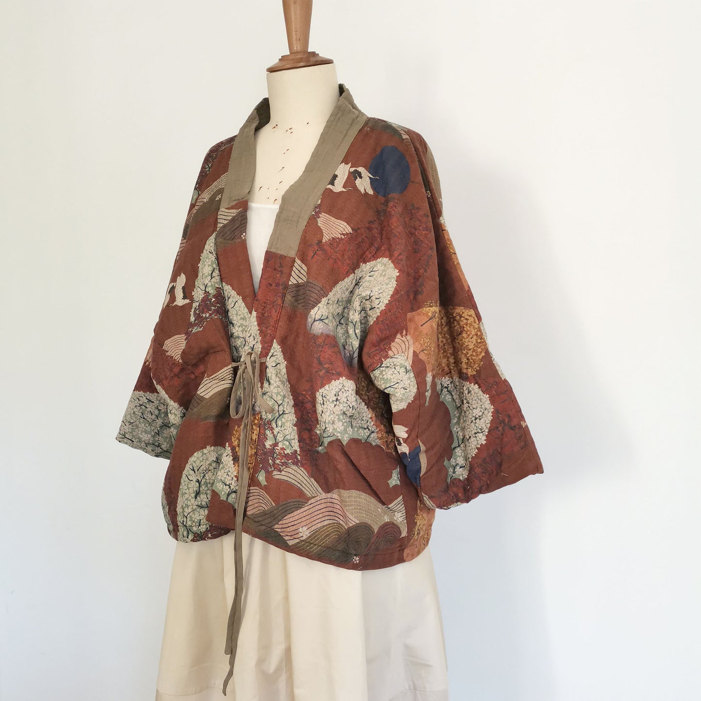 Crane motif cotton padded kimono coat soft warm cotton padded coat