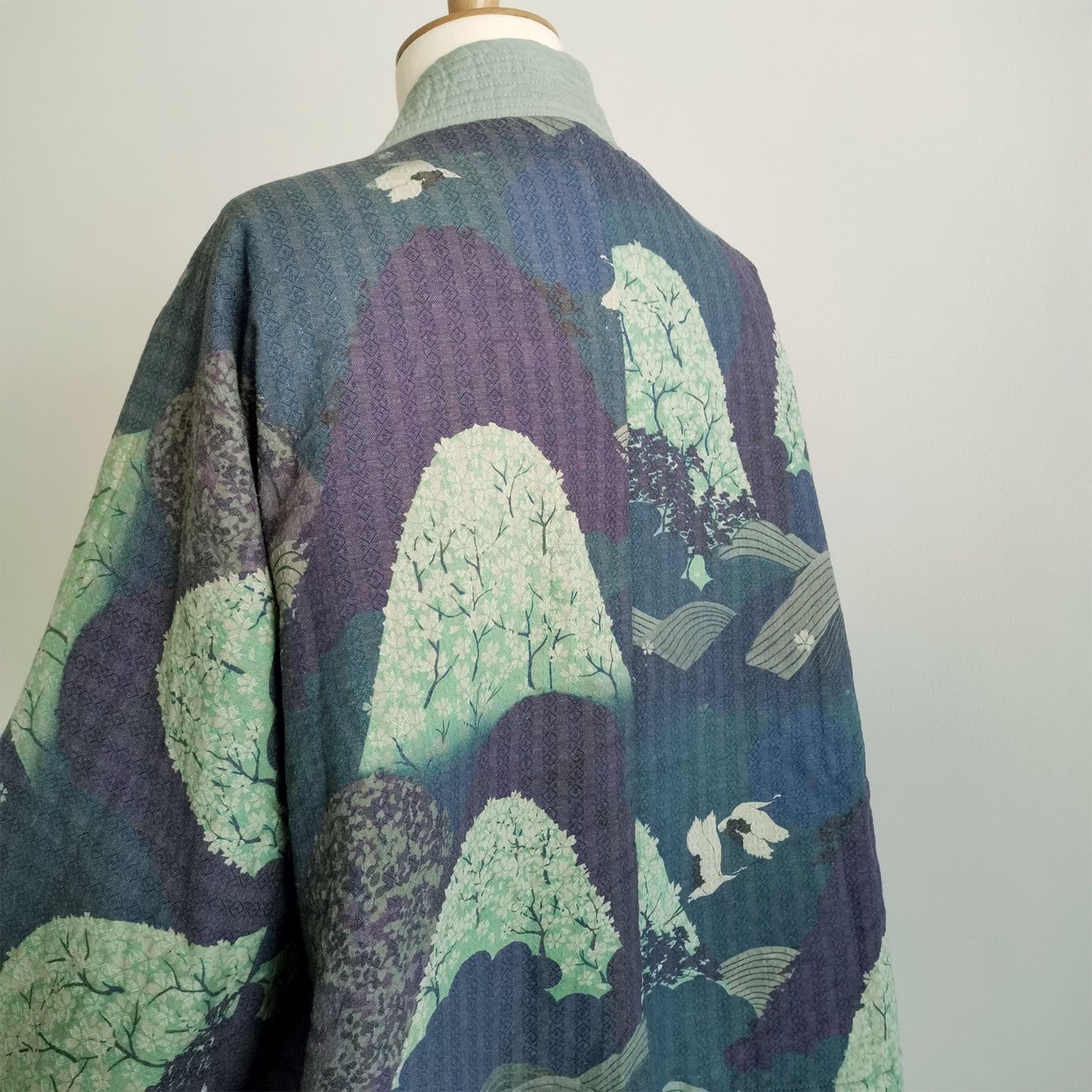 Crane motif cotton padded kimono coat soft warm cotton padded coat