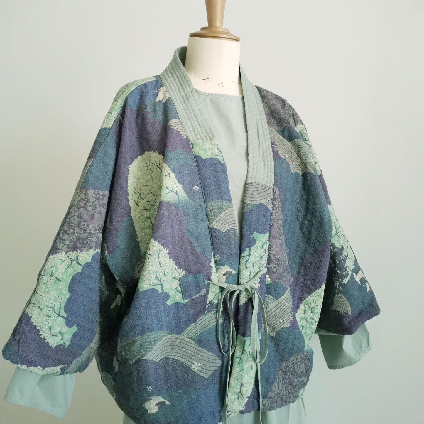 Crane motif cotton padded kimono coat soft warm cotton padded coat