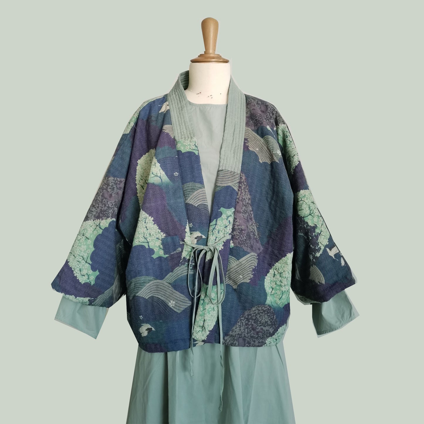 Crane motif cotton padded kimono coat soft warm cotton padded coat