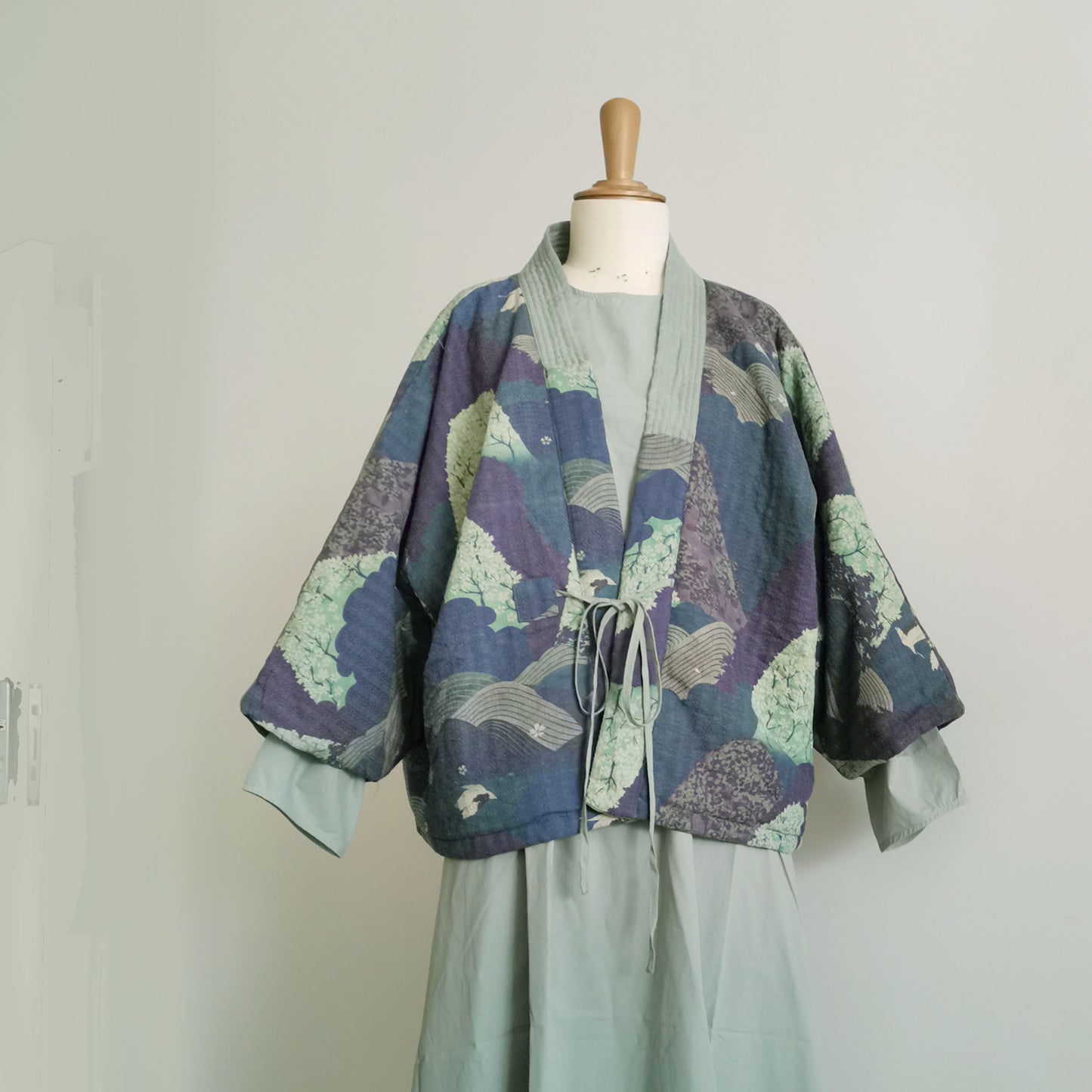 Crane motif cotton padded kimono coat soft warm cotton padded coat