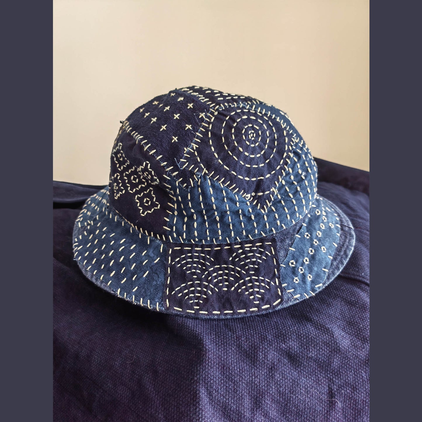 Sashiko hand embroidery hat fishmen's hat patchwork hand stitiching hat slow stitching fishmen's hat