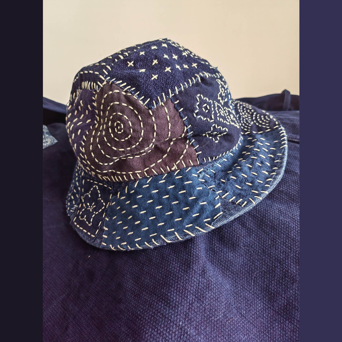 Sashiko hand embroidery hat fishmen's hat patchwork hand stitiching hat slow stitching fishmen's hat