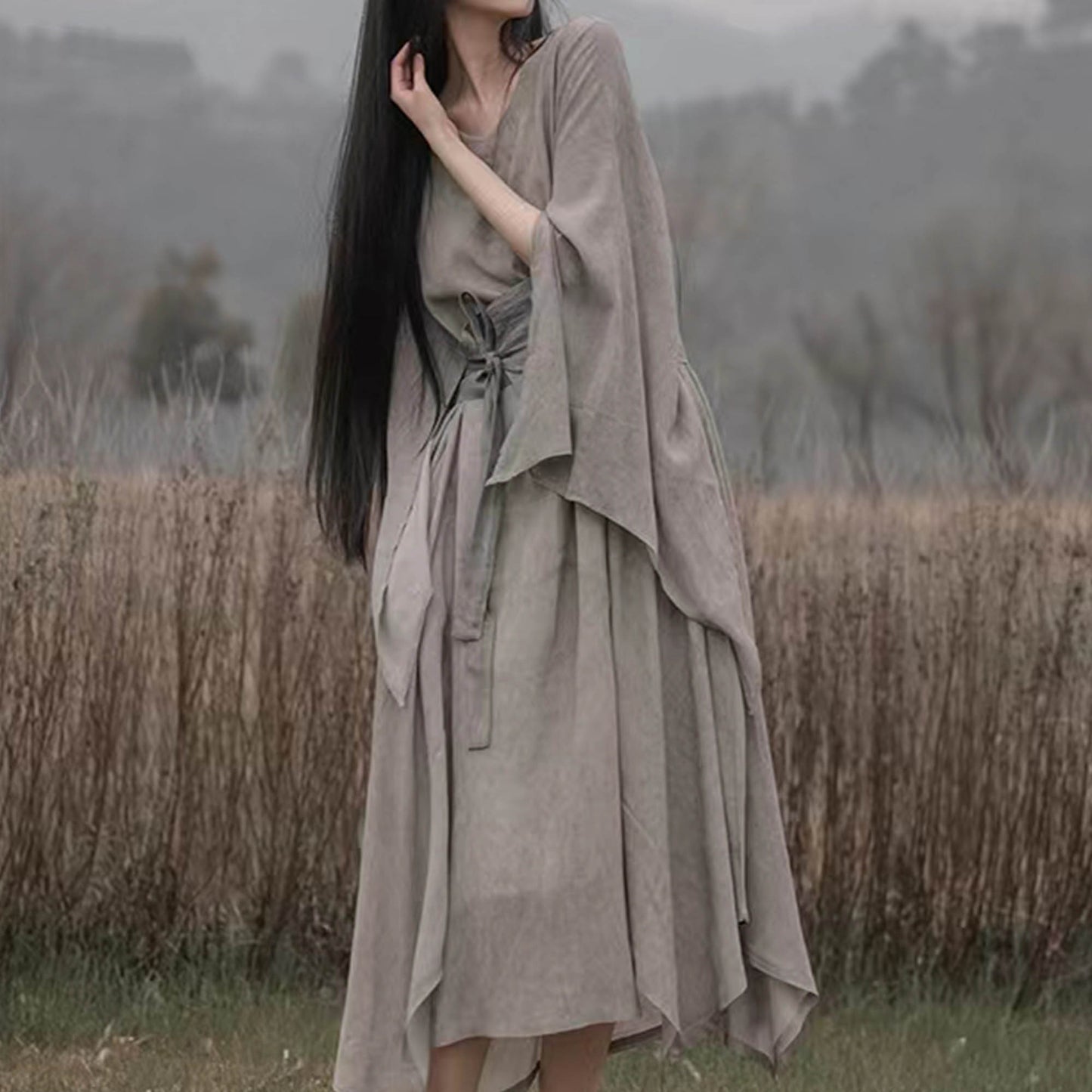 Gray Uneven spray color escapist style maxi dress with OBI belt Chinese Style dress wide sleeves dress hanfu dress kaftan dress dyeing dress