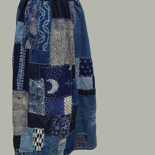 Indigo cotton patchwork skirt hand stitching patches boro skirt vintage cotton hand dyed cotton patchwork skirt