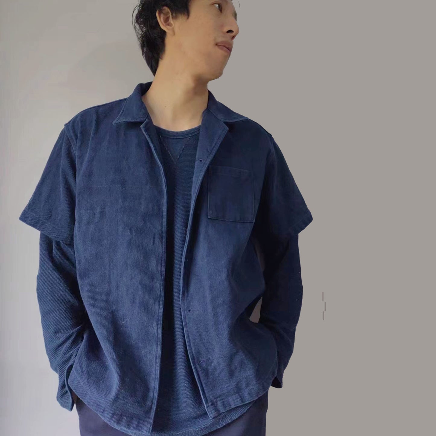 Sashiko shirt Neza Studio Cotton sashiko fabric thick Shirt Unisex Short Sleeves Pocket Shirt Indigo  Retro Shirt thick Hawaii Shirt