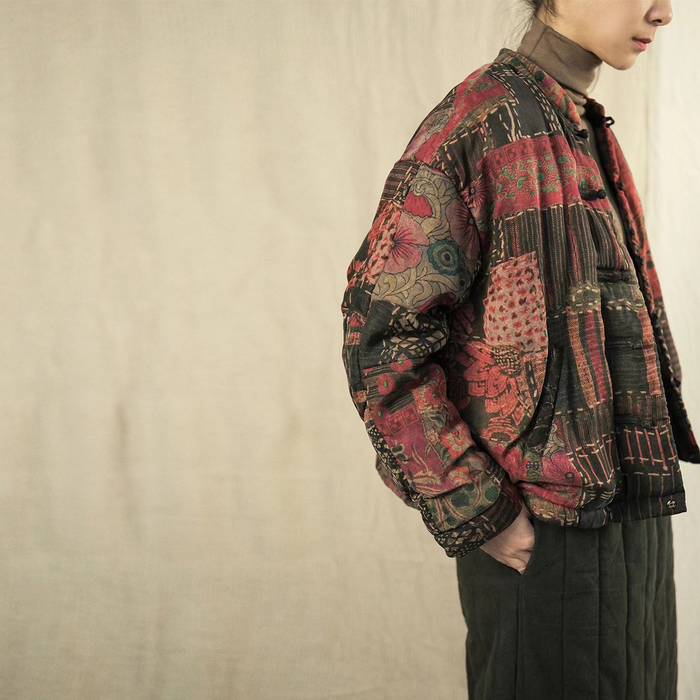 Silky cupro patchwork prints padded coat crop top tang suit padded tang suit coat cupro fabric chongsam style retro tang suit top