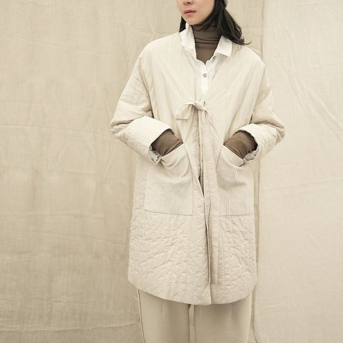 Padded off white coat light weight padded coat beige coat quilted coat over sized padded coat long coat with large pockets