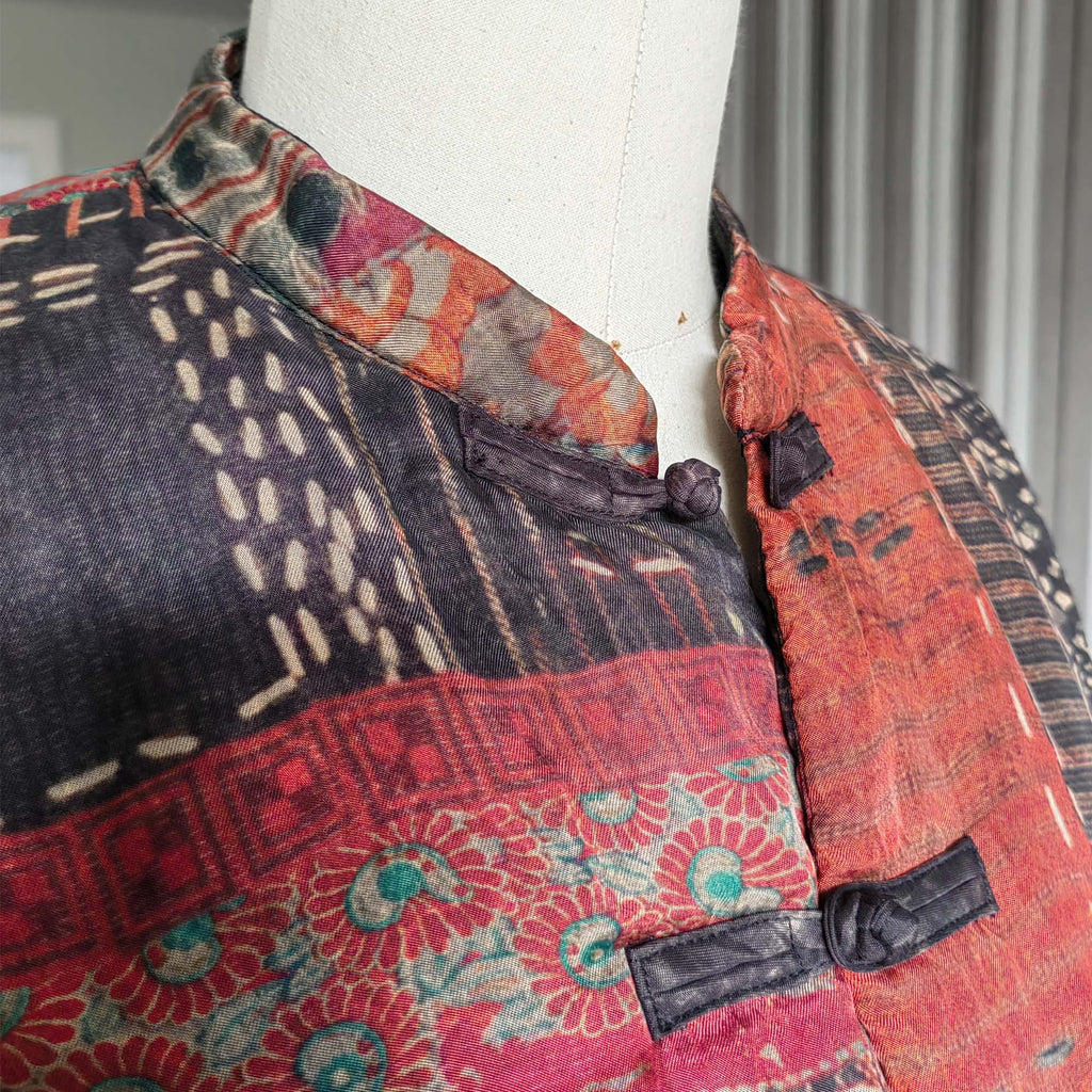 Silky cupro patchwork prints padded coat crop top tang suit padded tang suit coat cupro fabric chongsam style retro tang suit top