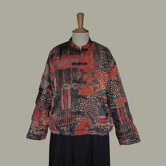 Silky cupro patchwork prints padded coat crop top tang suit padded tang suit coat cupro fabric chongsam style retro tang suit top