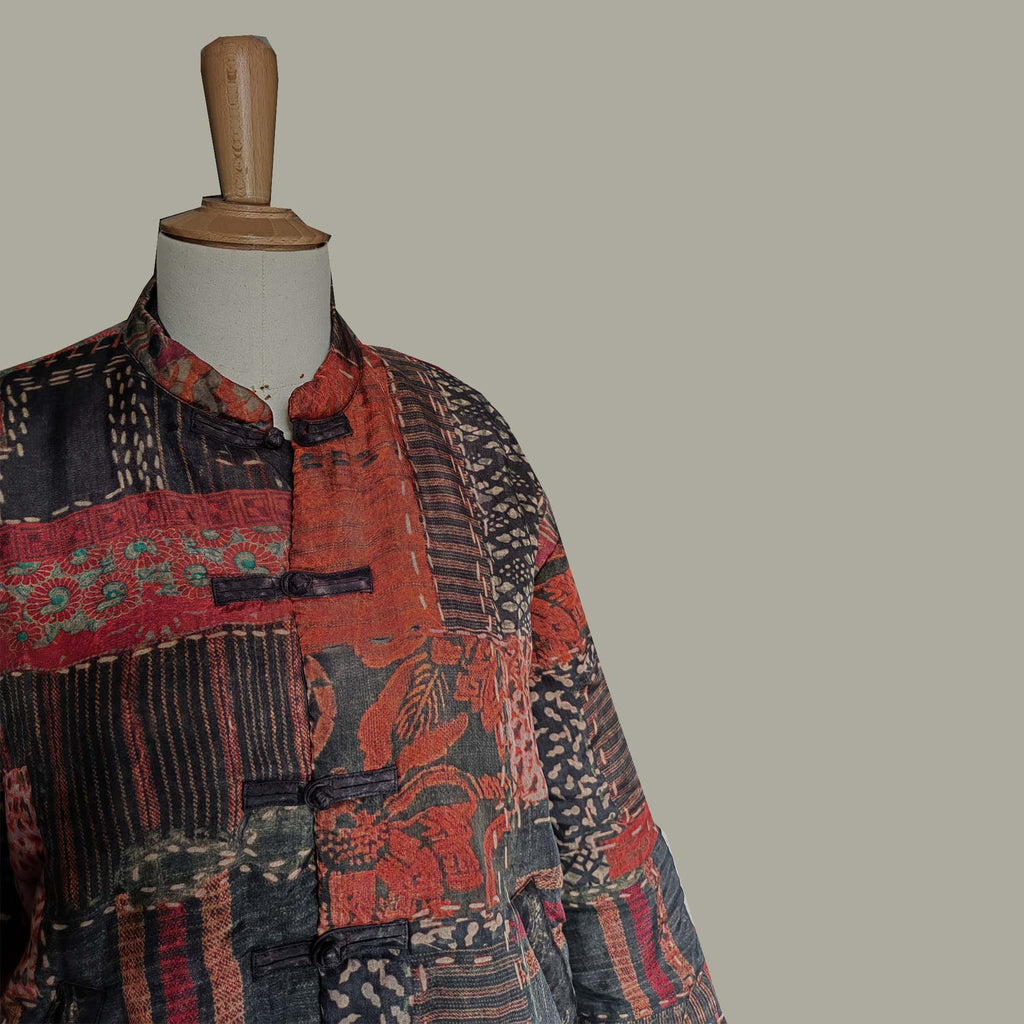 Silky cupro patchwork prints padded coat crop top tang suit padded tang suit coat cupro fabric chongsam style retro tang suit top