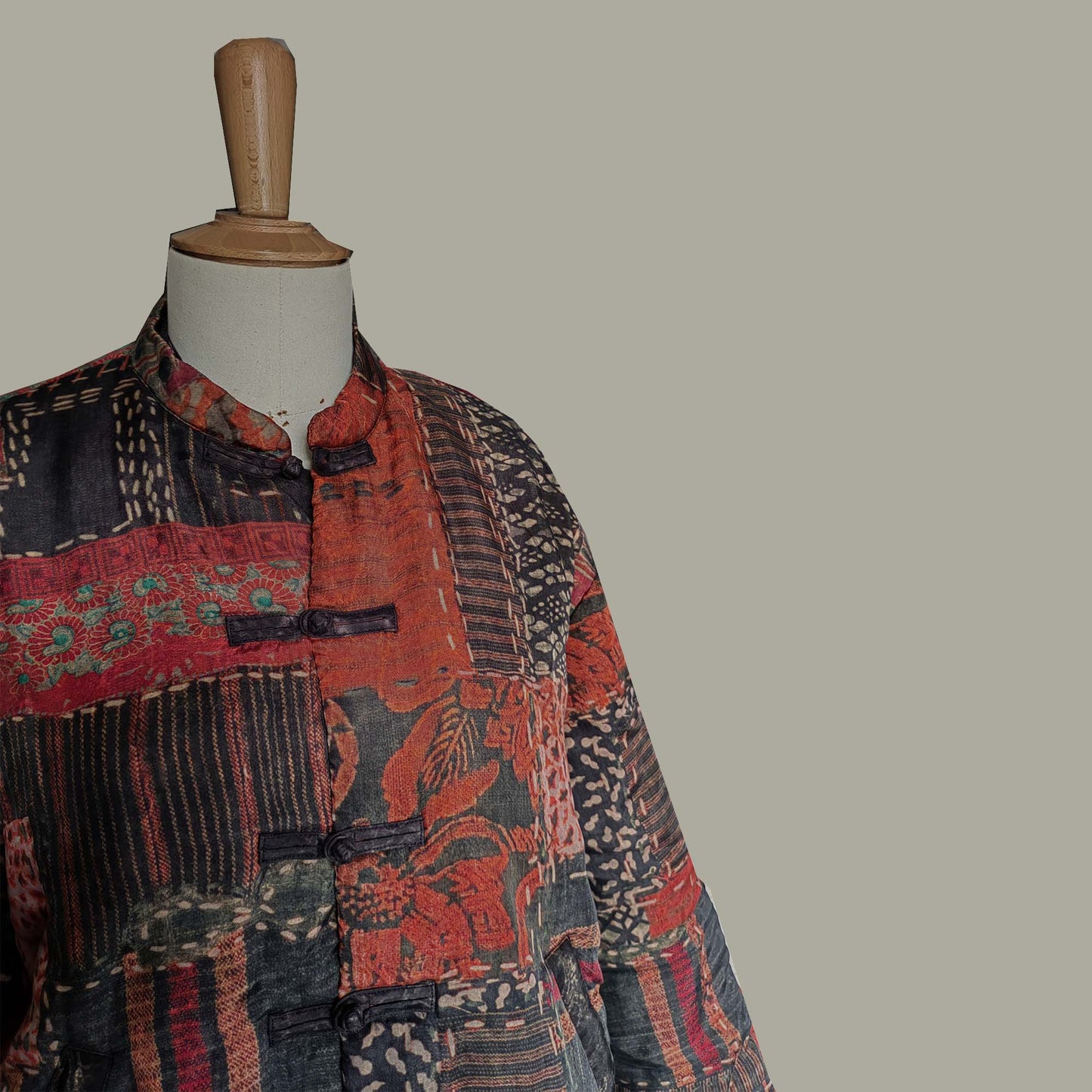 Silky cupro patchwork prints padded coat crop top tang suit padded tang suit coat cupro fabric chongsam style retro tang suit top