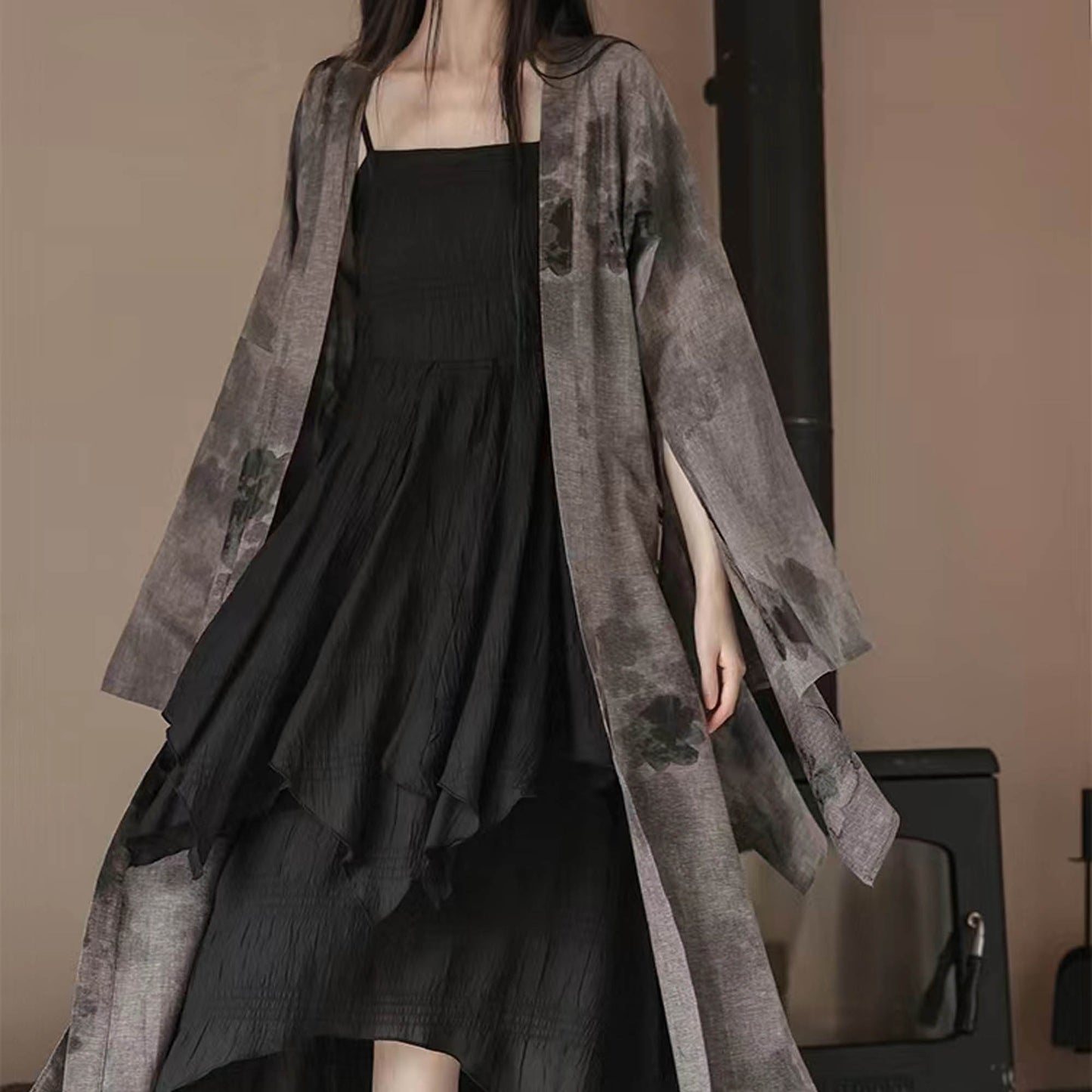 Cotton Hanfu Robe Kimono robe Black camisole dress with OBI belt 3 pcs set Long robe cross straps dress long kimono Black maxi dress