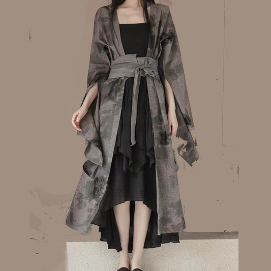 Cotton Hanfu Robe Kimono robe Black camisole dress with OBI belt 3 pcs set Long robe cross straps dress long kimono Black maxi dress