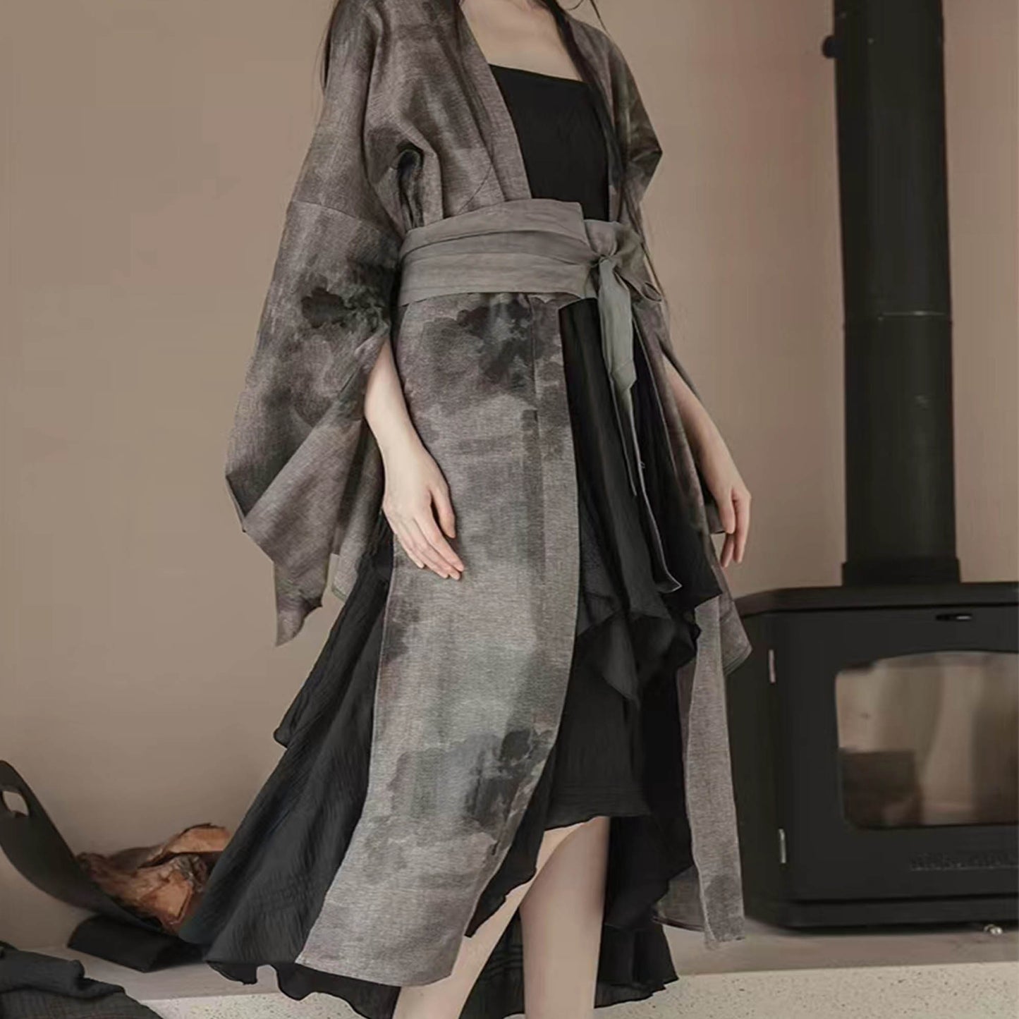 Cotton Hanfu Robe Kimono robe Black camisole dress with OBI belt 3 pcs set Long robe cross straps dress long kimono Black maxi dress