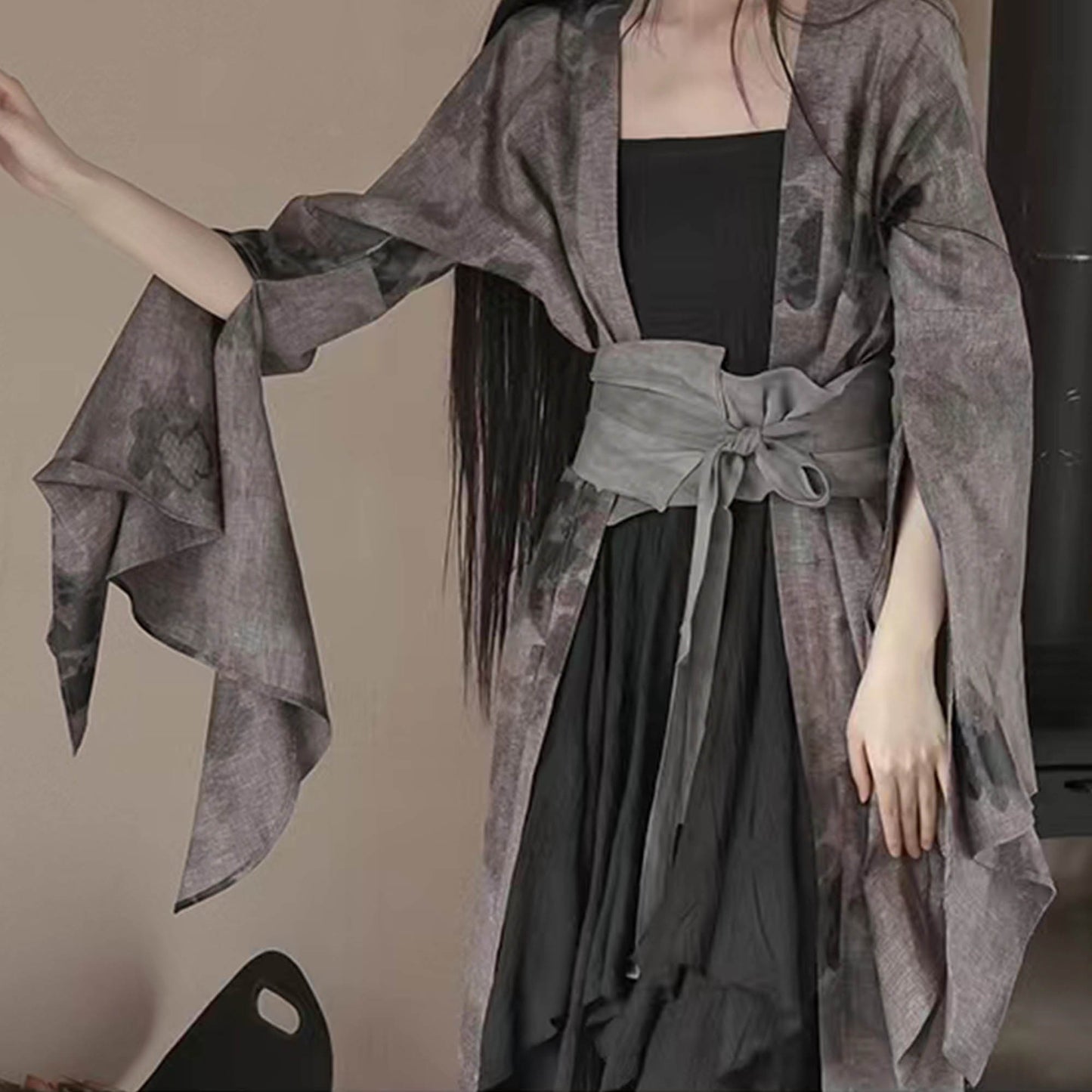 Cotton Hanfu Robe Kimono robe Black camisole dress with OBI belt 3 pcs set Long robe cross straps dress long kimono Black maxi dress