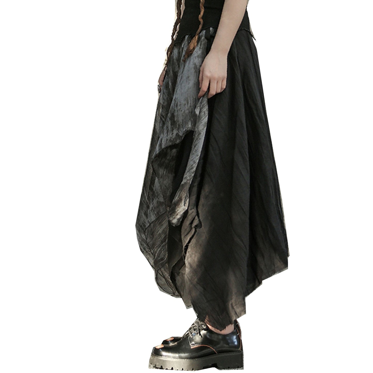 Asymmetric A line skirt raw edged layered skirt black distressed skirt women's flare skirt black skirt Ramie Skirt