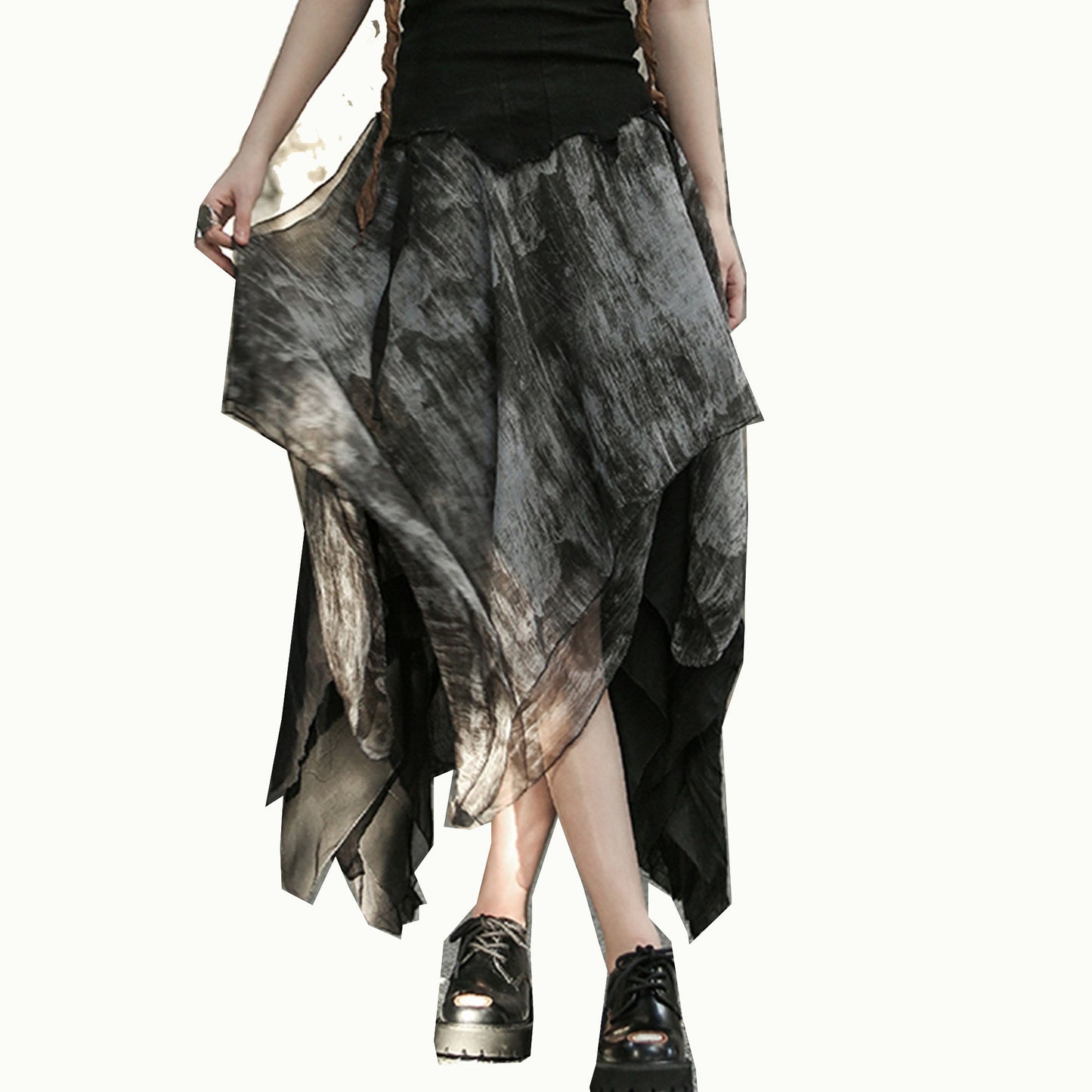 Asymmetric A line skirt raw edged layered skirt black distressed skirt women's flare skirt black skirt Ramie Skirt