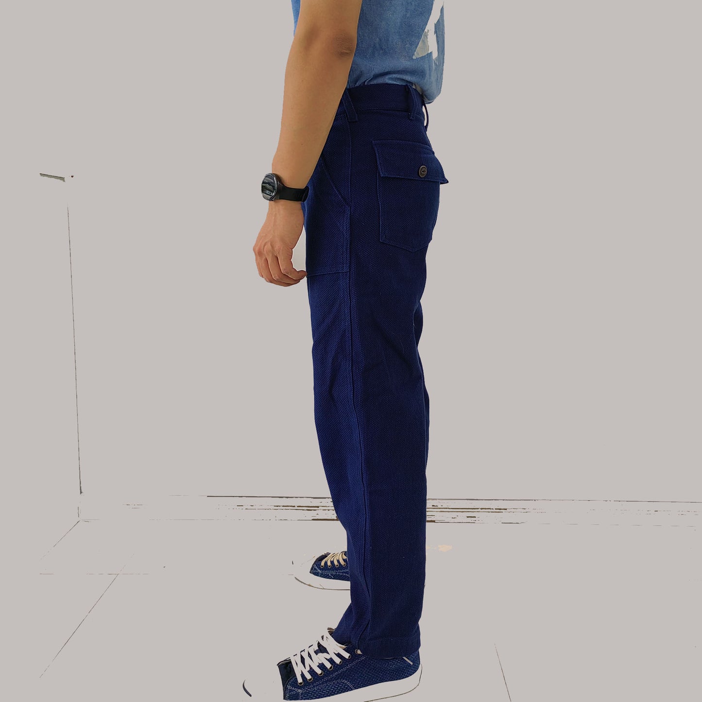 Indigo blue sashiko pants plant dye sashiko cotton made trousers retro style regular fit pants squared pocket pants