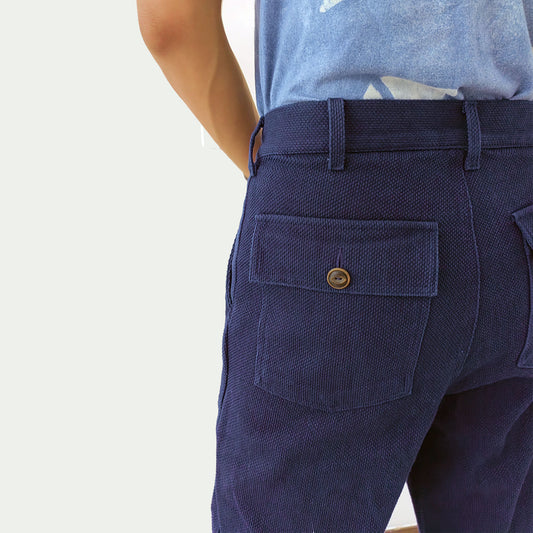 Indigo blue sashiko pants plant dye sashiko cotton made trousers retro style regular fit pants squared pocket pants