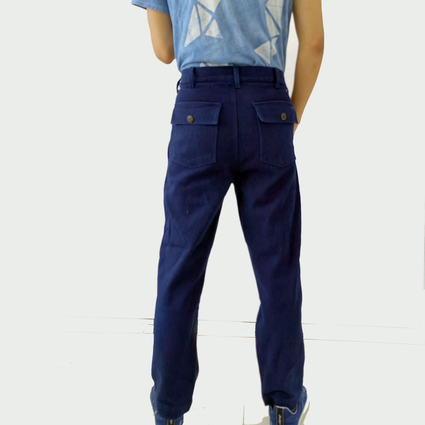 Indigo blue sashiko pants plant dye sashiko cotton made trousers retro style regular fit pants squared pocket pants