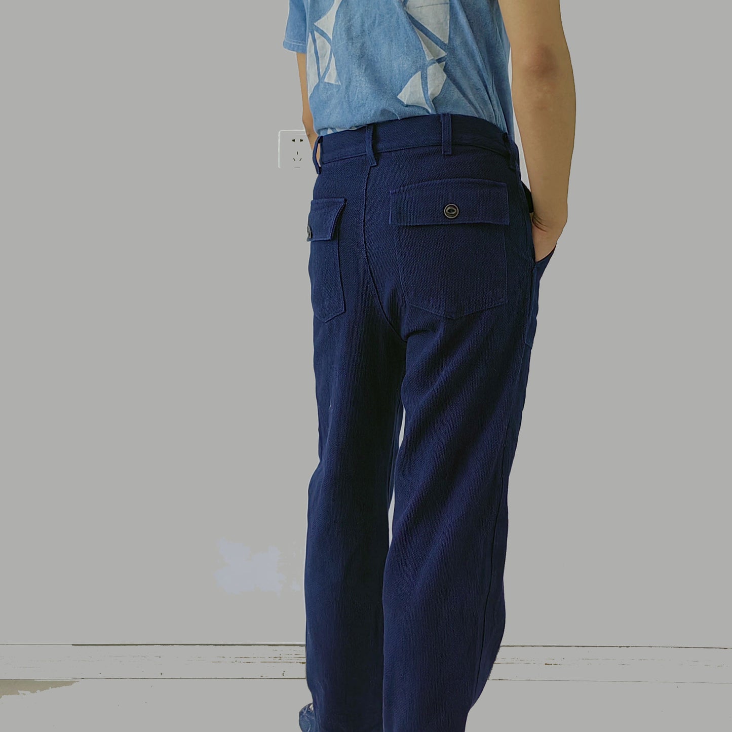 Indigo blue sashiko pants plant dye sashiko cotton made trousers retro style regular fit pants squared pocket pants