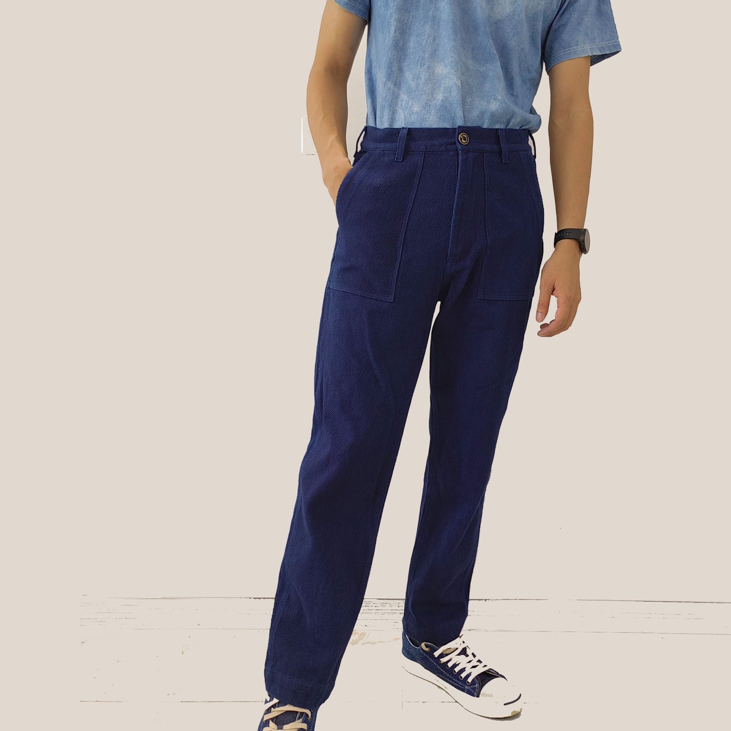 Indigo blue sashiko pants plant dye sashiko cotton made trousers retro style regular fit pants squared pocket pants