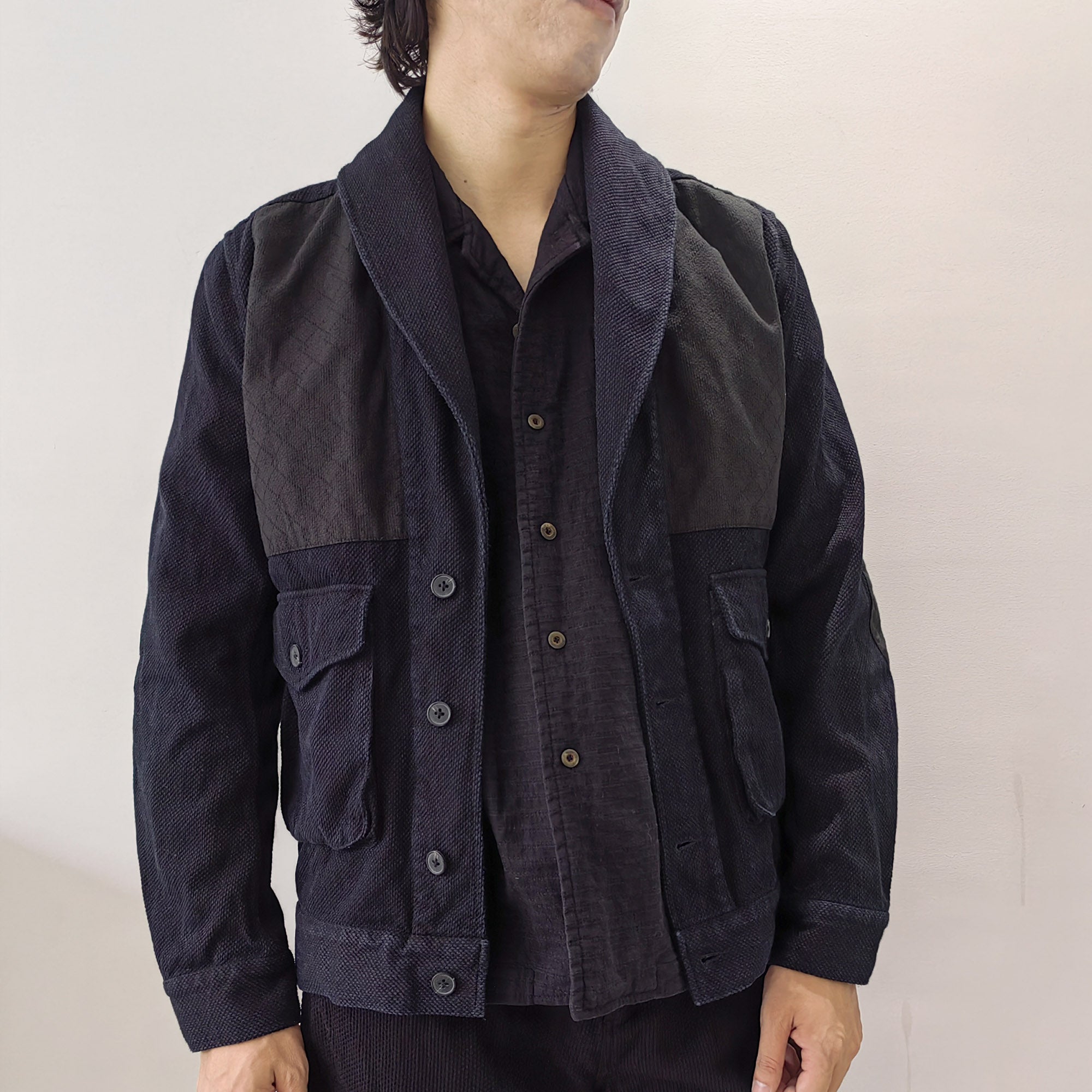 Sashiko cotton jacket retro Shawl collar jacket Vintage look black