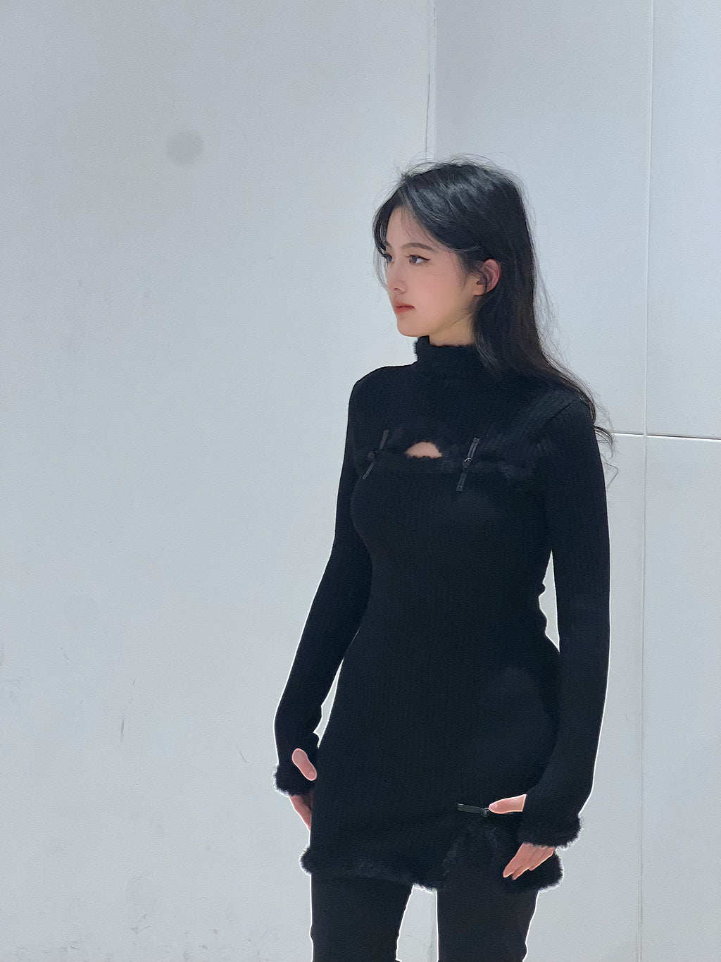 Jersey snug fit dress black jersey stretchy dress with frog toggles winter long sleeves qipao style dress