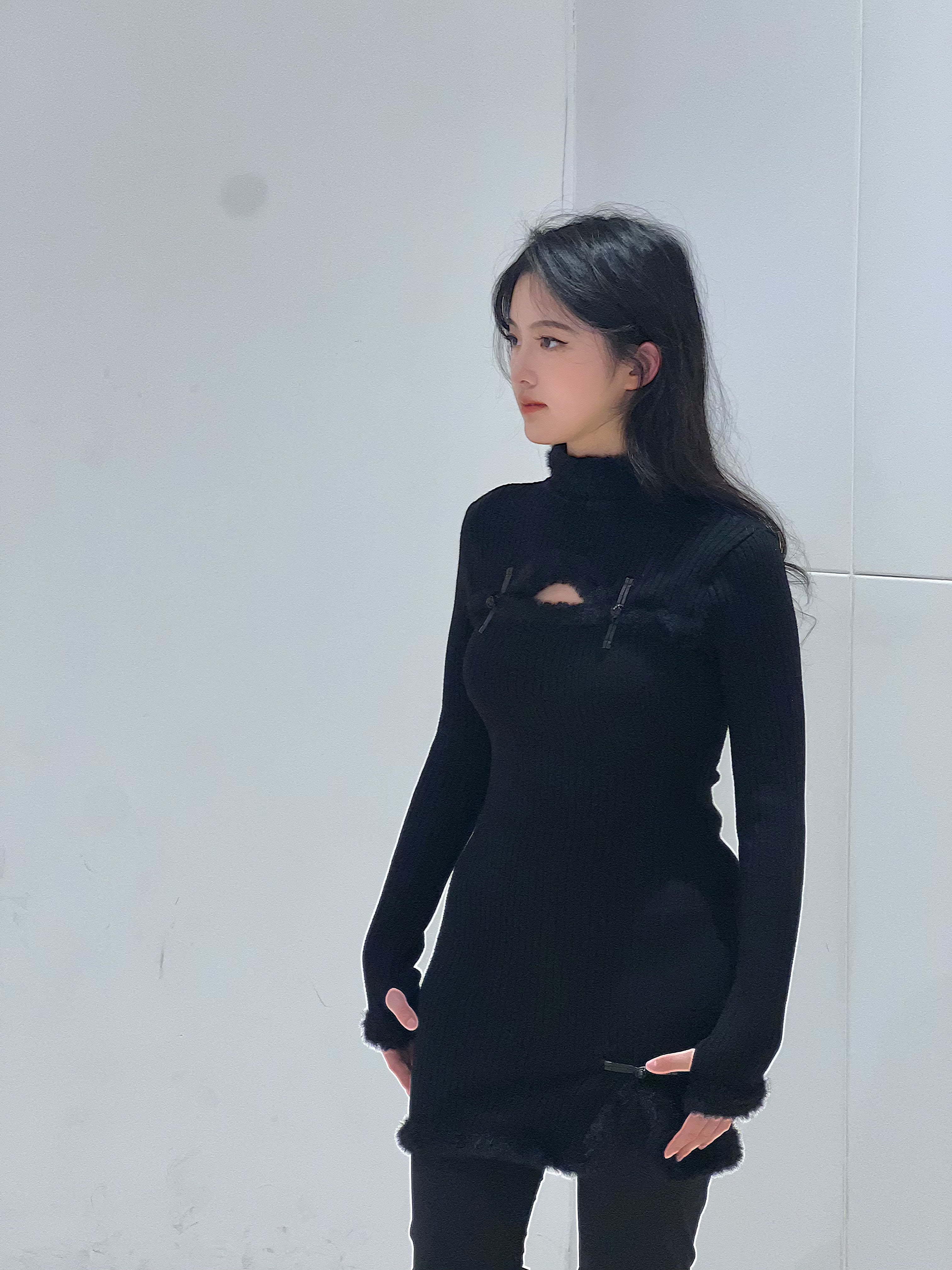 Jersey snug fit dress black jersey stretchy dress with frog toggles winter long sleeves qipao style dress
