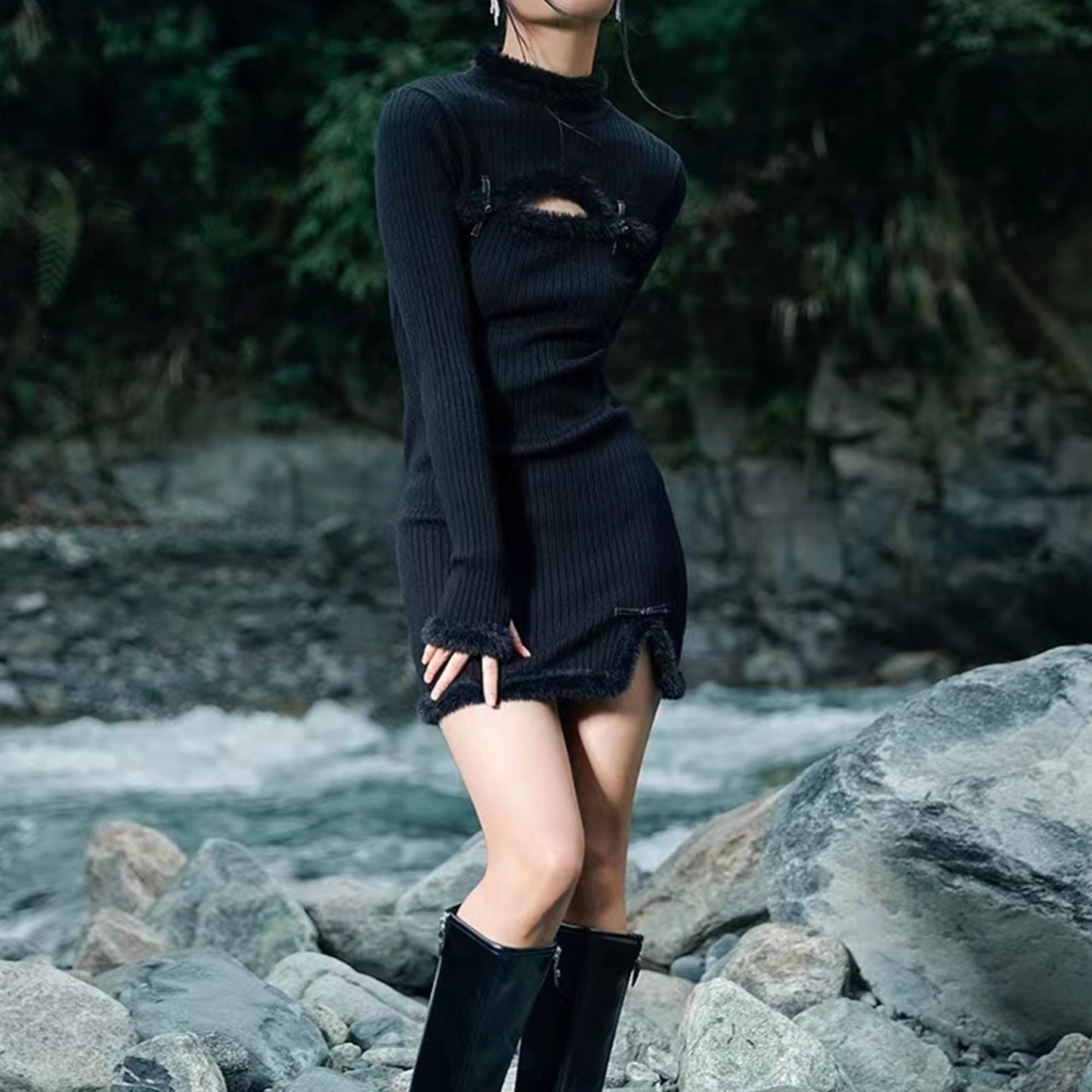 Jersey snug fit dress black jersey stretchy dress with frog toggles winter long sleeves qipao style dress