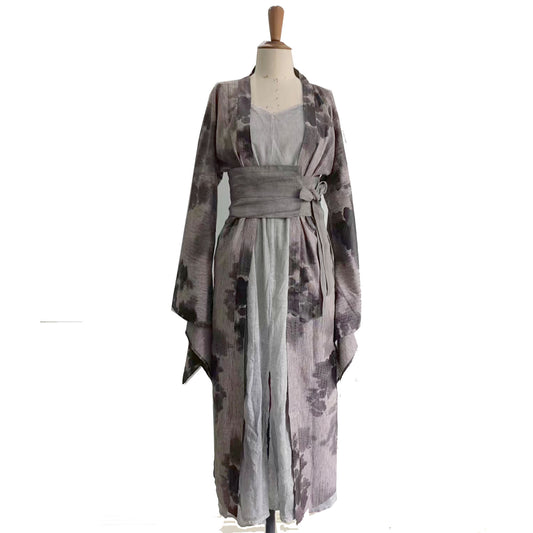 Cotton Hanfu Robe Kimono robe cotton camisole dress with OBI belt 3 pcs set Long robe cross straps dress sheer long kimono Black maxi dress