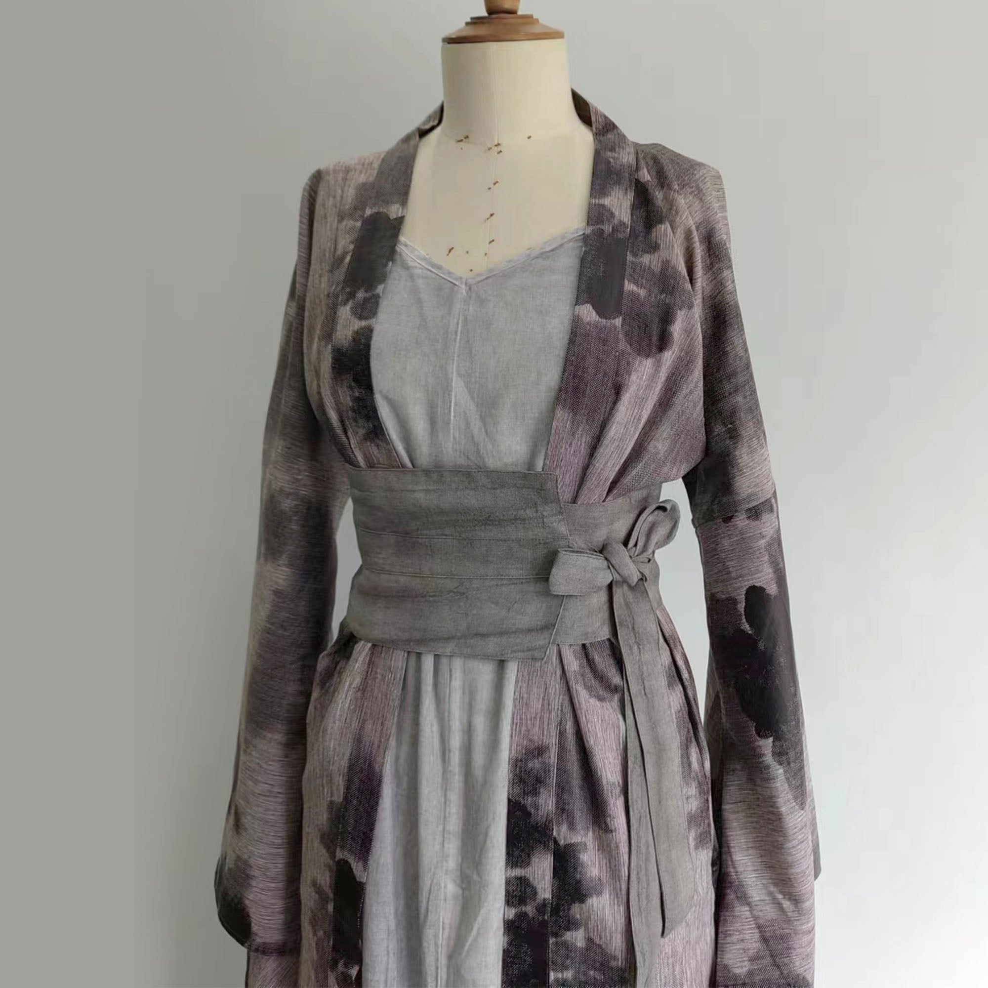 Cotton Hanfu Robe Kimono robe cotton camisole dress with OBI belt 3 pcs set Long robe cross straps dress sheer long kimono Black maxi dress