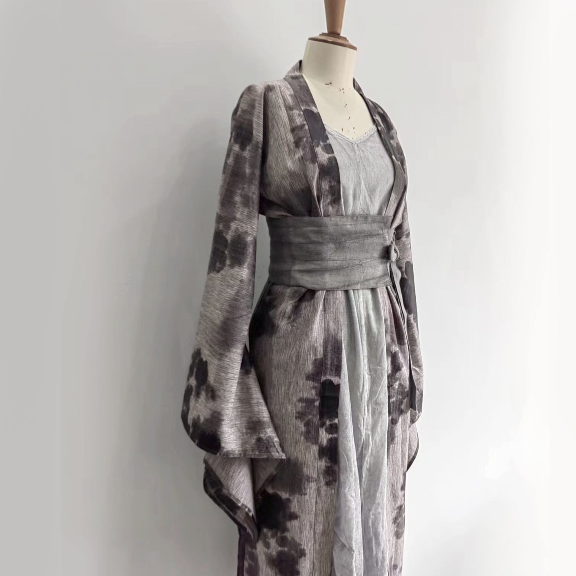 Cotton Hanfu Robe Kimono robe cotton camisole dress with OBI belt 3 pcs set Long robe cross straps dress sheer long kimono Black maxi dress