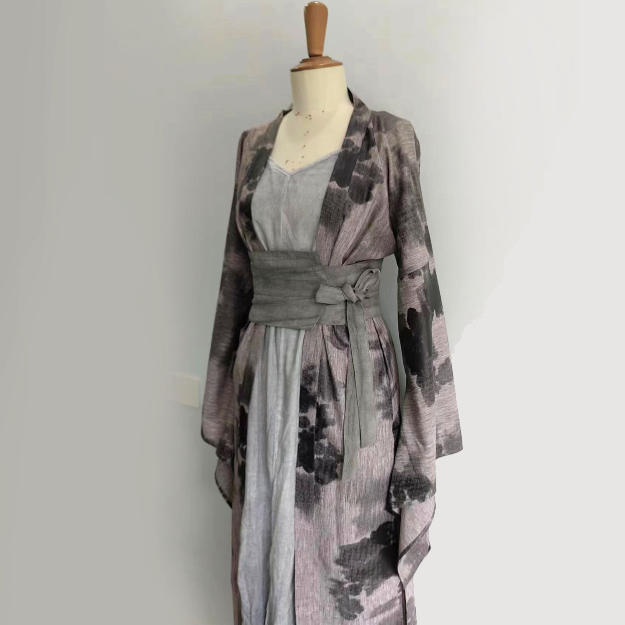 Cotton Hanfu Robe Kimono robe cotton camisole dress with OBI belt 3 pcs set Long robe cross straps dress sheer long kimono Black maxi dress