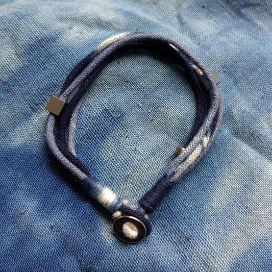 Indigo Hand dye Blue braided pattern unisex kumihimo bracelet with Silver beads