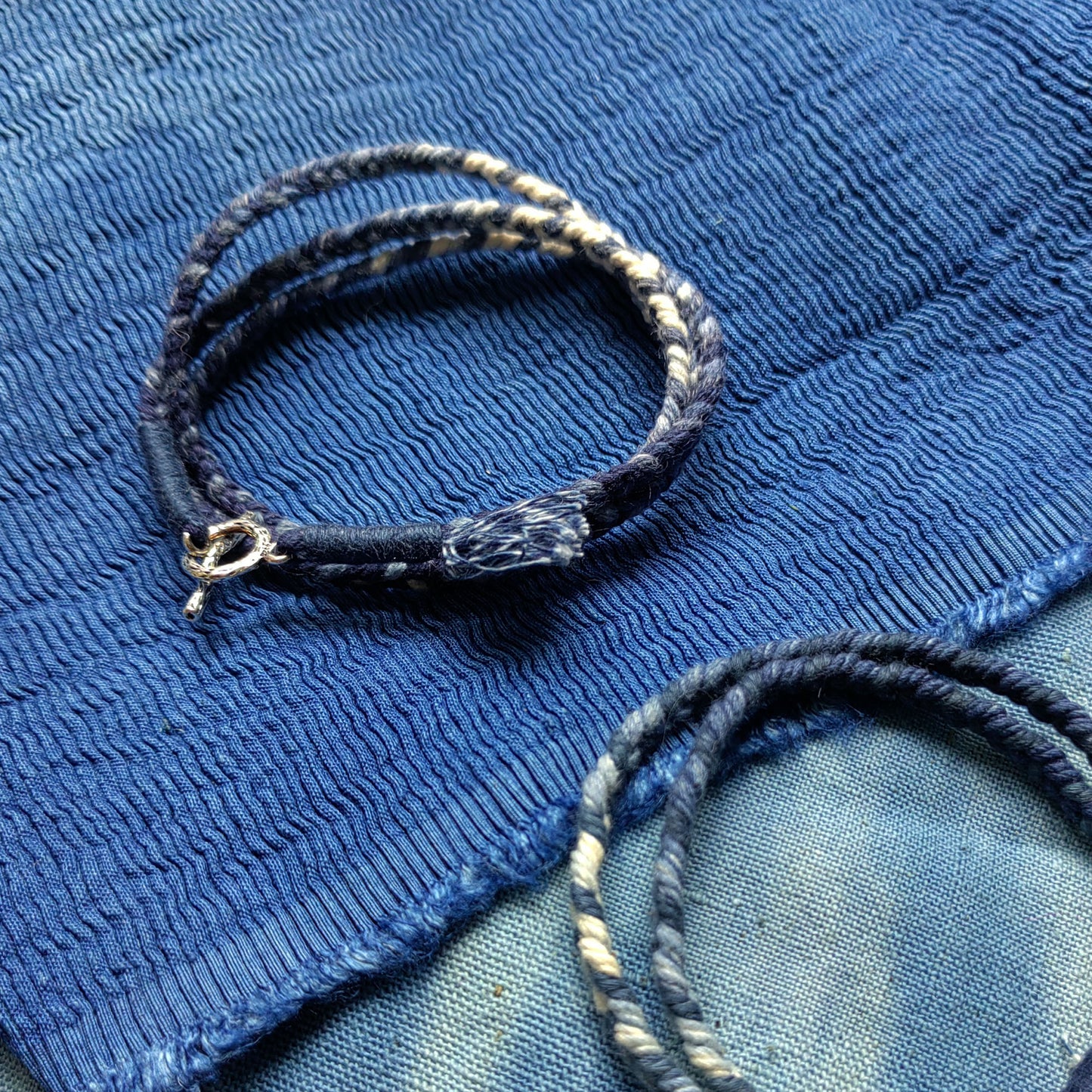 Friendship bracelets Personalized Initial Indigo Hand dye Blue braided pattern unisex kumihimo bracelet/Necklace  with silver hook 3 sizes