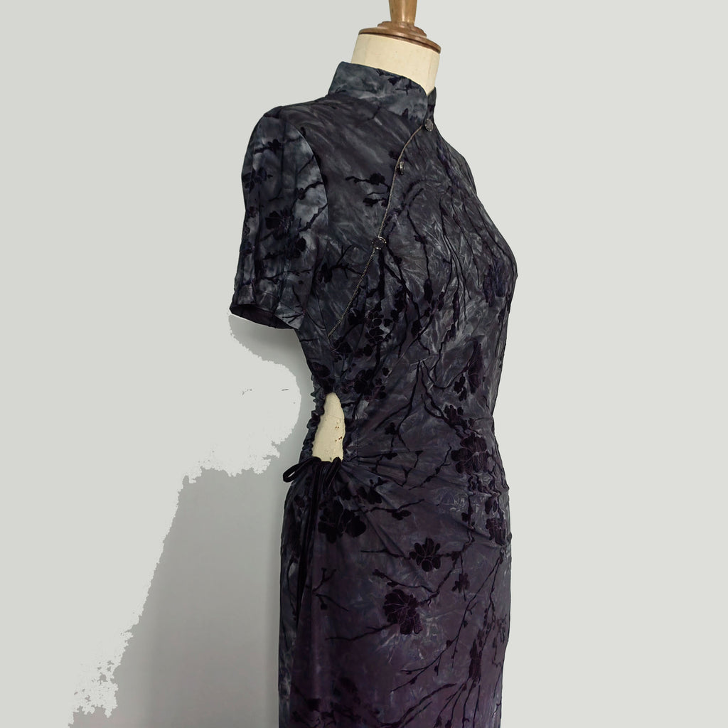 Black Velvet openwork Qipao Modified Qipao open waist details Cool and Cute Drawstring horrow fitted Qipao dress with back zipper