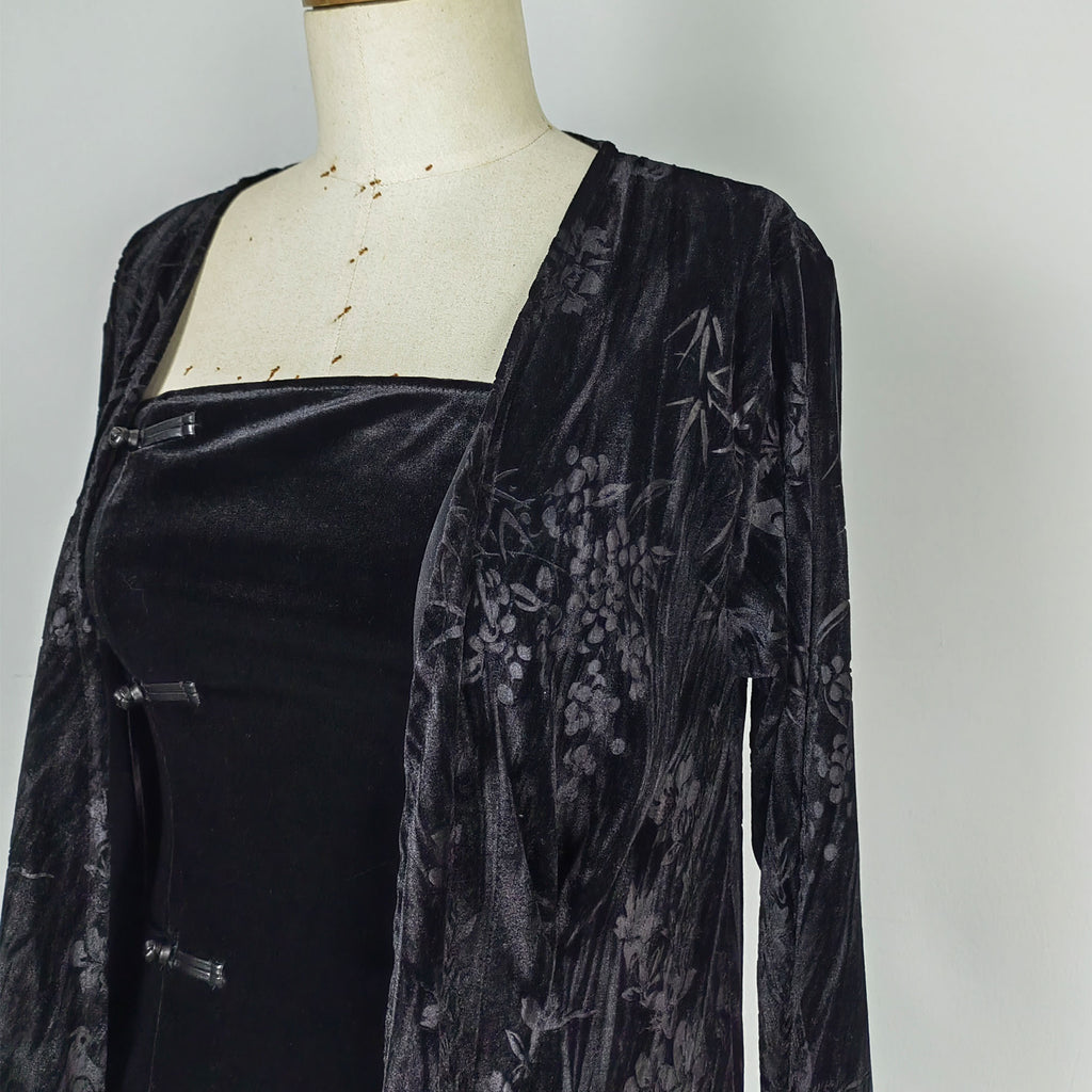 Black Velvet jacket Long jacket Chinese style velvet robe Plant jacquard motif long overcoat velvet coat velvet jacket black cardigan
