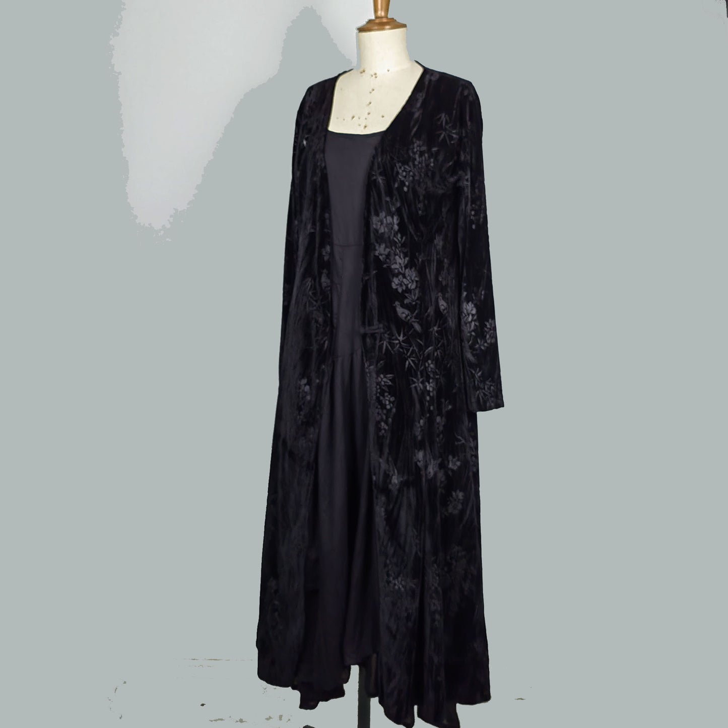 Black Velvet jacket Long jacket Chinese style velvet robe Plant jacquard motif long overcoat velvet coat velvet jacket black cardigan