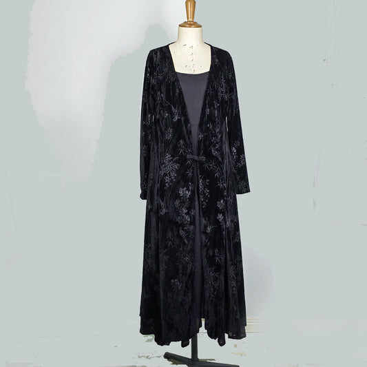 Black Velvet jacket Long jacket Chinese style velvet robe Plant jacquard motif long overcoat velvet coat velvet jacket black cardigan